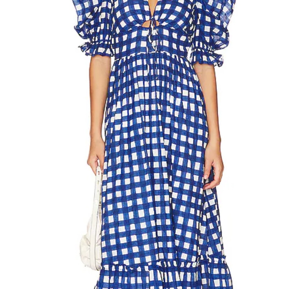 Cleobella Blue and White Ruffled Tiered Midi Dress